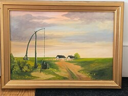 Szabó László , Tanyavilág 70x50cm tájkép- olajfestmény . Kisautó, játék csere is érdekel