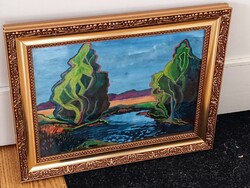 Szabó László , táj tóval 39x29cm akvarell. Kisautó, játék csere is érdekel