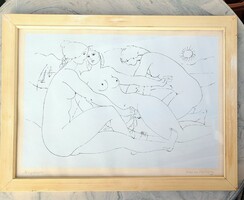 Reich Károly ritka grafikája: Napozók (szignózott rézkarc) Aktok vízparton