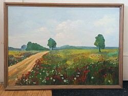 Szabó László , Pipacsos táj 70x50cm tájkép- olajfestmény . Kisautó, játék csere is érdekel