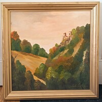 Szabó László , Látkép várral 50x50cm tájkép- olajfestmény . Kisautó, játék csere is érdekel