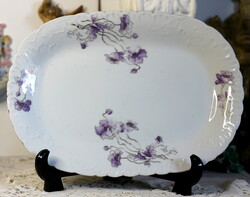 Gyönyörű antik porcelán, lila mákvirág dekoros, szögletes kínáló tál