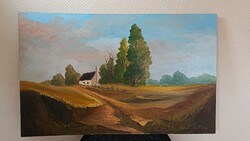 Szabó László, Tanya 88.5x55cm tájkép- olajfestmény . Kisautó, játék csere is érdekel