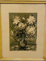 Bordás Ferenc  virágok csendélet lino metszet zöldes tecnikàval