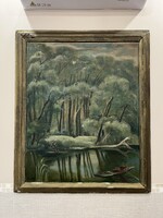 Franz Lex (attrib.) – Erdős vízparti tájkép csónakos figurákkal