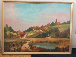 Szabó László , Zalai táj, pincékkel 74x55cm tájkép- olajfestmény . Kisautó, játék csere is érdekel