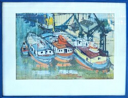 Kikötő - színes, modern kép, kék keretben - vízparti jelenet, hajók