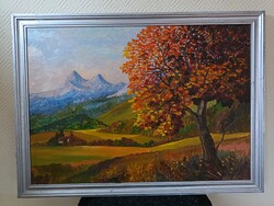 Szabó László, Őszi látkép 70x50 cm olaj/farost festmény. Kisautó, játék csere is érdekel
