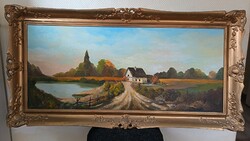 Szabó László, táj tanyával 120x52! cm olaj/farost festmény. Kisautó, játék csere is érdekel