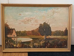 Szabó László , táj tanyával 60x40cm tájkép- olajfestmény . Kisautó, játék csere is érdekel
