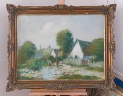 Régi falusi életkép festmény 95x73 cm kerettel