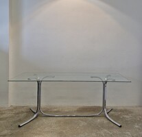 Space age krómozott lábú üveg étkezőasztal,  tárgyalóasztal