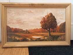 Szabó László, Őszi táj vadászlessel 60x35 tájkép- olajfestmény . Kisautó, játék csere is érdekel