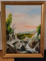 Szabó László , Sziklás táj 50x70cm tájkép- olajfestmény . Kisautó, játék csere is érdekel
