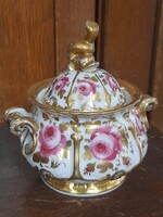 Alt Wien/Cseh/ AICH Biedermeier Kézi Festésű Bécsi Rózsás,Aranyozott,Halfogós Porcelán Cukortartó.