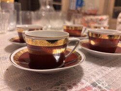 Hollóházi bordó-arany levélmintás kávéscsésze készlet 6 db alátéttel – retró