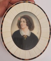 Antik Elefántcsontra Festett Lola Montez (Női) Portré Teknős Páncél betétes Elefántcsont keretben!