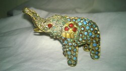 Kis Elefánt-ékszer- szobor -dísztárgy,réz,türkiz-korall ? ékítéssel,filigrán ötvösmunkával m 6,5 cm