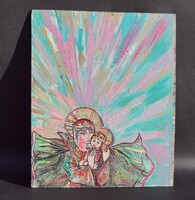 Kiss Attila festőművész festmény 40x33 cm anya gyermekével Szűz Mária a kis Jézussal
