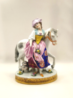 Antik kontinentális német porcelán hölgy lóval 15cm