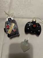 Retró üveg  karácsonyi dísz, 3 db. szív, bőrönd, konzol.