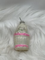 Retro  régi üveg karácsonyfadísz,cica kosárban