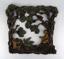1Y092 Antik art deco kerámia nagyméretű MK jelzett dombormű falikép - Ádám és Éva 38 x 36 cm