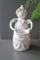 Fehér mázas magyar kerámia kaspós/mécsestartó kontyos néni figura.Kiss Roóz?Győrbíró?Bakos?80's évek