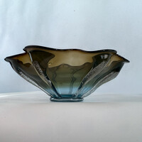 Nagy méretű Murano üveg tál – kézzel fújt olívazöld-borostyán art glass, olasz design