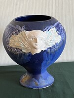 Retro jelzett kék iparművész kerámia váza plasztikus női arccal (C0082)