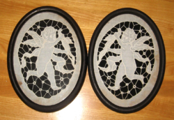 IGAZI KURIÓZUM ! ANGYALOK ANTIK OVÁLIS MADEIRA CSIPKE KÉPEK PÁRBAN