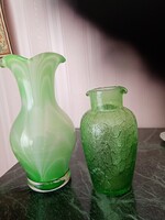 2 db régi zöld üveg : muránói váza és  antik kraklé üveg kiöntő / kancsó