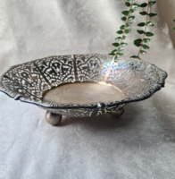 Vintage áttört csipke mintás ezüstözött alpakka kínáló gömblábas tál