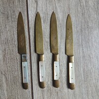 Csodaszép régi gyöngyházas réz gyümölcsvágó kés szett (14 cm)