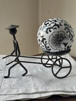 Retro fém és porcelán dísz vagy virágtartó, esetleg gyertyatartó