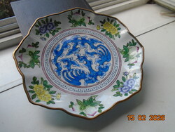 CANTON  kézzel festett színes zománc tömör réz tál sárkány és virág mintával,hullámos peremmel