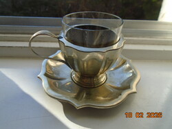 Antik magyar Pénzverde ALPAKKA jelzéssel talpas kávéscsésze alátéttel,hőálló pohárral