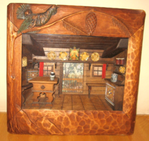 IGAZI KURIÓZUM !! ANTIK RÉSZLETGAZDAG DIORÁMA FARAGOTT KERETBEN