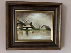 Szepesi Kuszka Jenő – Falusi tájkép vízparti házakkal