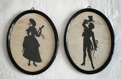 Gobelin árnykép páros , férfi , nő , keretezett kép , pl. régi mosdó tábla pár kézi 28x21,5cm