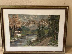 Eladó egy gyönyörű nagyméretű kézzel hímzett Tűgobelin  Alpesi  tájkép!