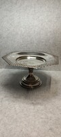 Ezüstözött Art Deco talpas kínáló, nyolc szögletű, díszes áttört peremmel
