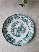 Antik angol Madras zöld transzfermintás tányér ázsiai pagoda mintával