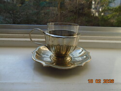 Antik magyar Pénzverde ALPAKKA jelzéssel talpas kávéscsésze alátéttel,hőálló pohárral