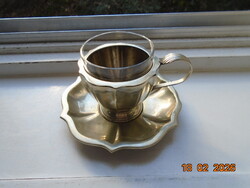 Antik magyar Pénzverde ALPAKKA jelzéssel talpas kávéscsésze alátéttel,hőálló pohárral