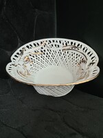 Vintage csavart áttört fehér román porcelán kosár arany díszítéssel