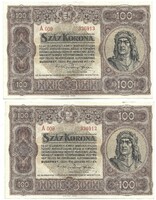 2 x 100 korona 1920 Sorszámkövető pár. Egy gyenge hajtásnyom középen