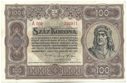 100 korona 1920 2. Egy gyenge hajtásnyom középen