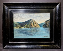 Ördög Béla: Vaskapu-szoros, 1930-as évek (olajfestmény) Orsova, Románia, Szerbia, Duna, Vízparti táj