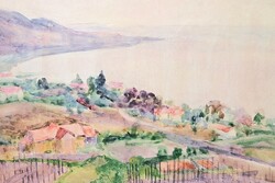Kamarás Béla: Balaton - Badacsonyi öböl (akvarell, 1950-es évek) vízparti táj